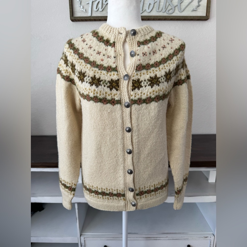Vintage Foldal A/S HandKnit Fair Isle 100% Wool Cardigan Sweater Nordic S 3 - Picture 1 of 7